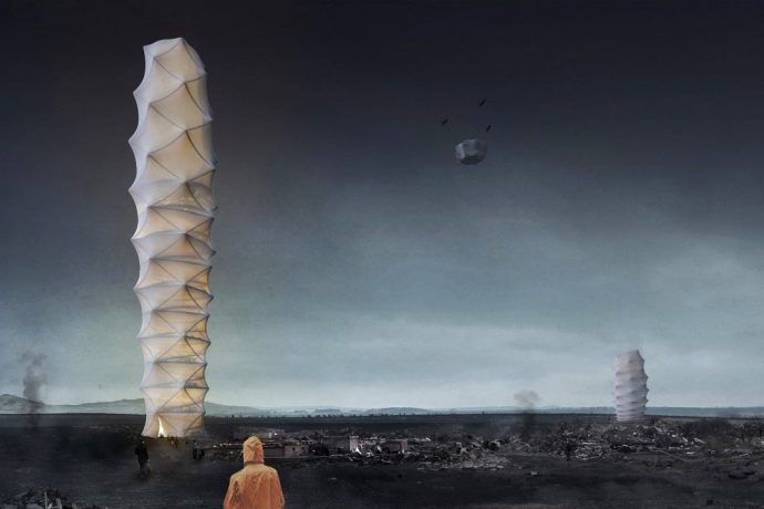 Skyshelter.zip is like a compressed bellow that opens into a skyscraper