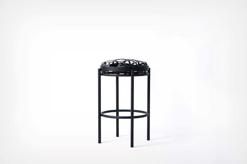 The Weave stool creates volume using metal strips and hollow spaces