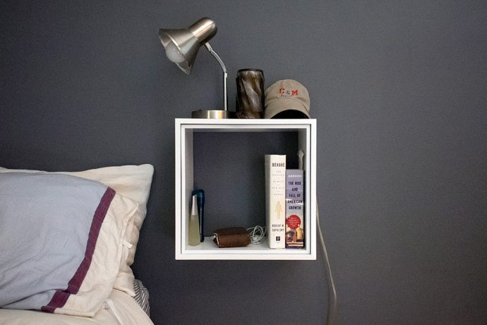 Ditch the power tools. This shelf locks onto the wall with a single push.