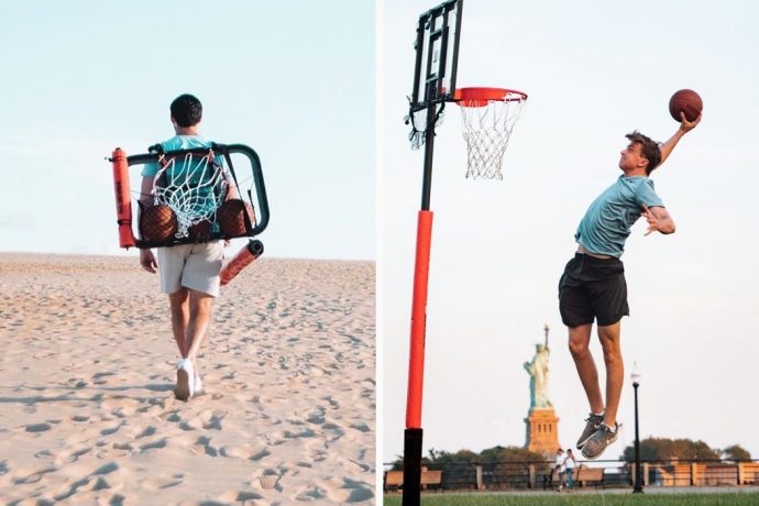This portable 8.5 foot basketball hoop lets you play ball anywhere… even on the beach!