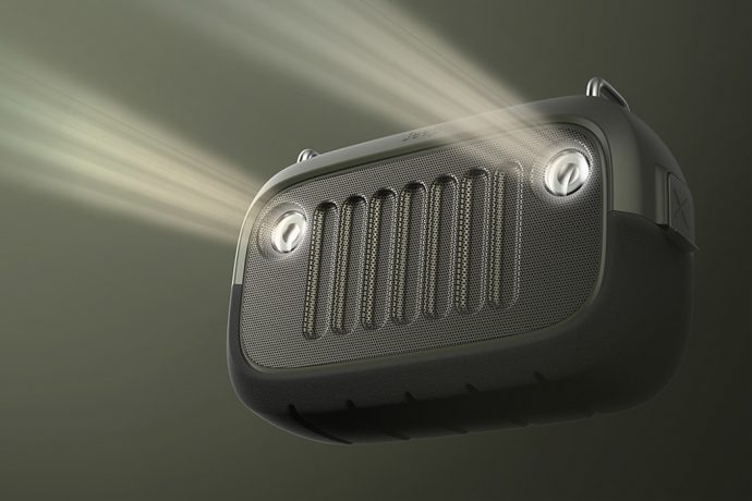 This Jeep inspired outdoor speaker plays your music and lights up your path!