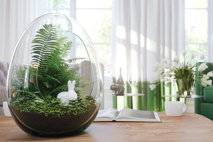 A modern terrarium with a little bit of easter and a lot of zen!