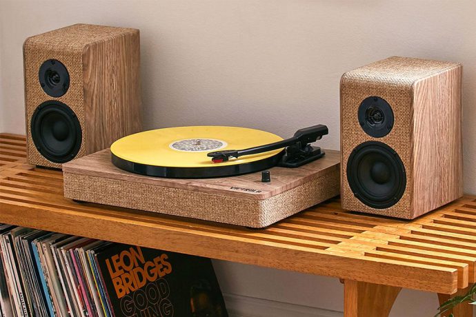 This linen and wood record player is perfect for hyping yourself up at home!
