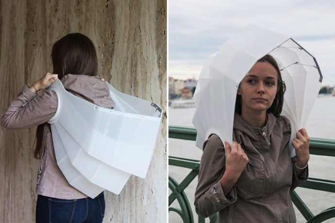 This wearable umbrella is designed to keep you and your belongings dry in rains!