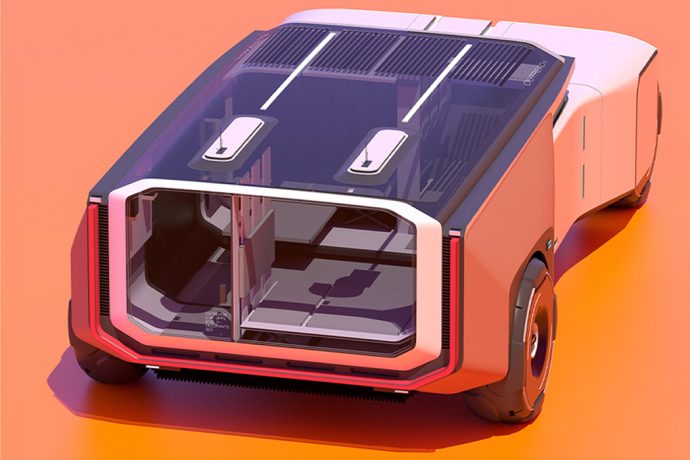 This futuristic vehicle design facilitates irrigation, agriculture and education
