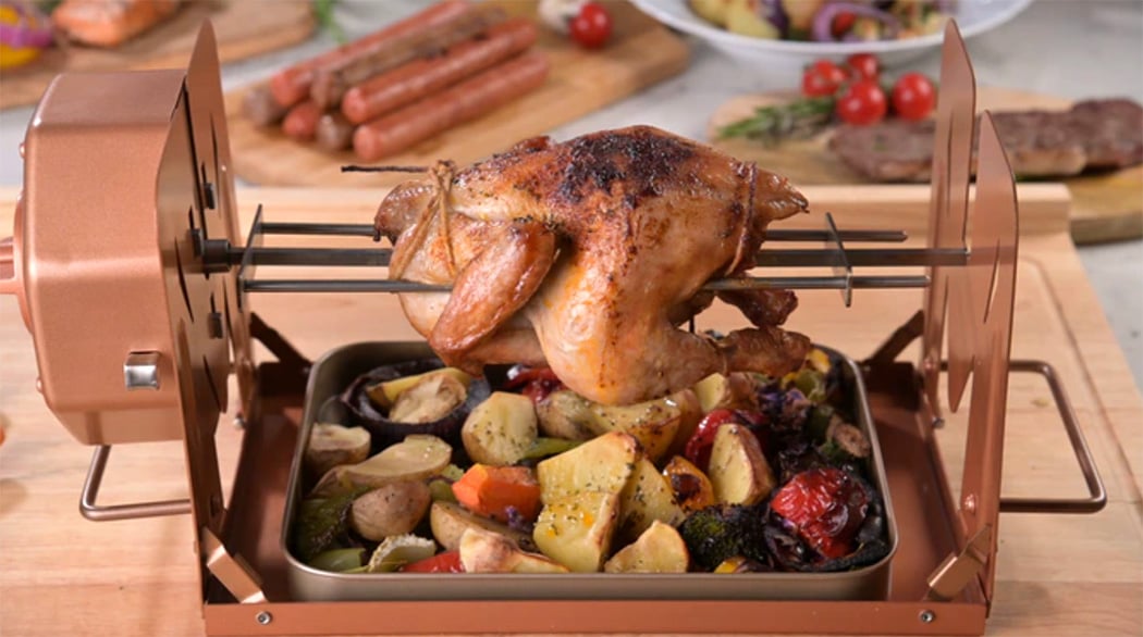 This fully mechanical rotisserie machine fits right into your oven