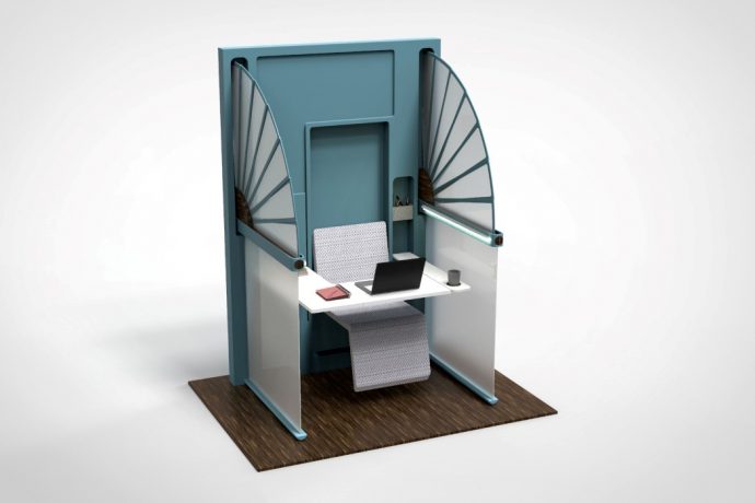 This self-isolating fold-out work-cubicle turns any wall into a safe workspace
