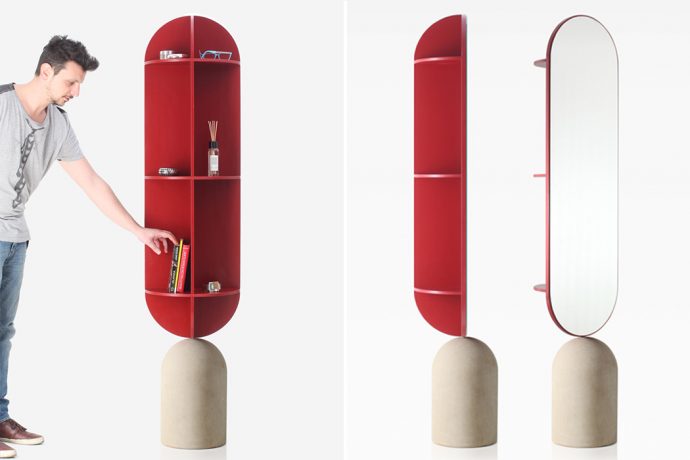 This modern furniture holds a full-length mirror and hides a storage shelf!
