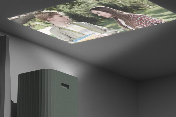 A side table and a projector merge to keep you entertained and your smartphone charged!