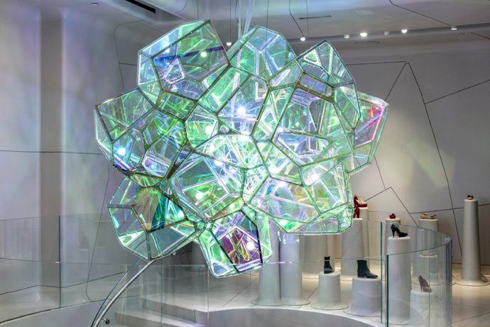 The Crystalline chandelier for Melissa’s NYC shoe store looks like a massive glowing geode