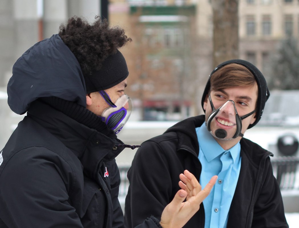 This transparent face mask is powered by a fan that pumps