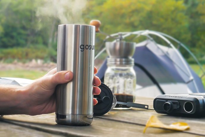 This portable coffee maker is powered by a solar bank that can charge five devices simultaneously!
