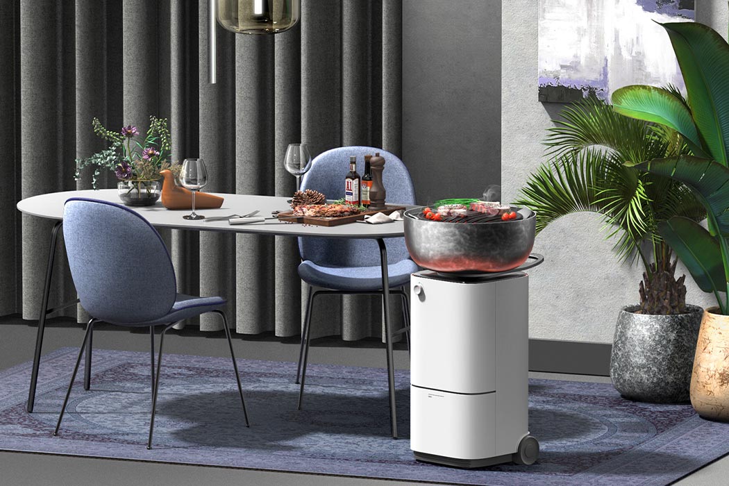 This modern indoor BBQ grill is inspired by the mechanism of an