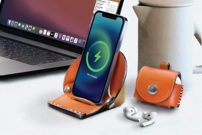 An Apple iPhone 12 stand + AirPods case that encloses your gadgets in premium handcrafted protection