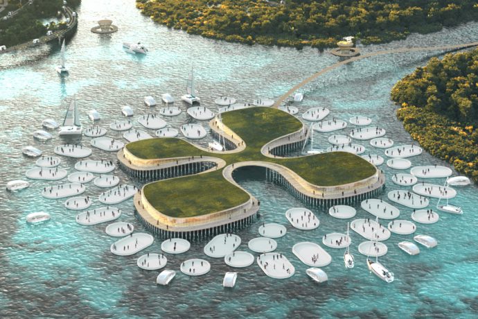 This lillypad-inspired floating sustainable city was designed to support emission free transportation