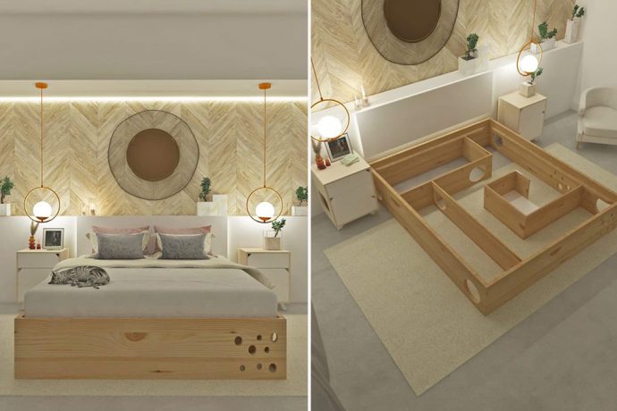 This bedframe hides a cat maze and is a dream den for you and your pet!