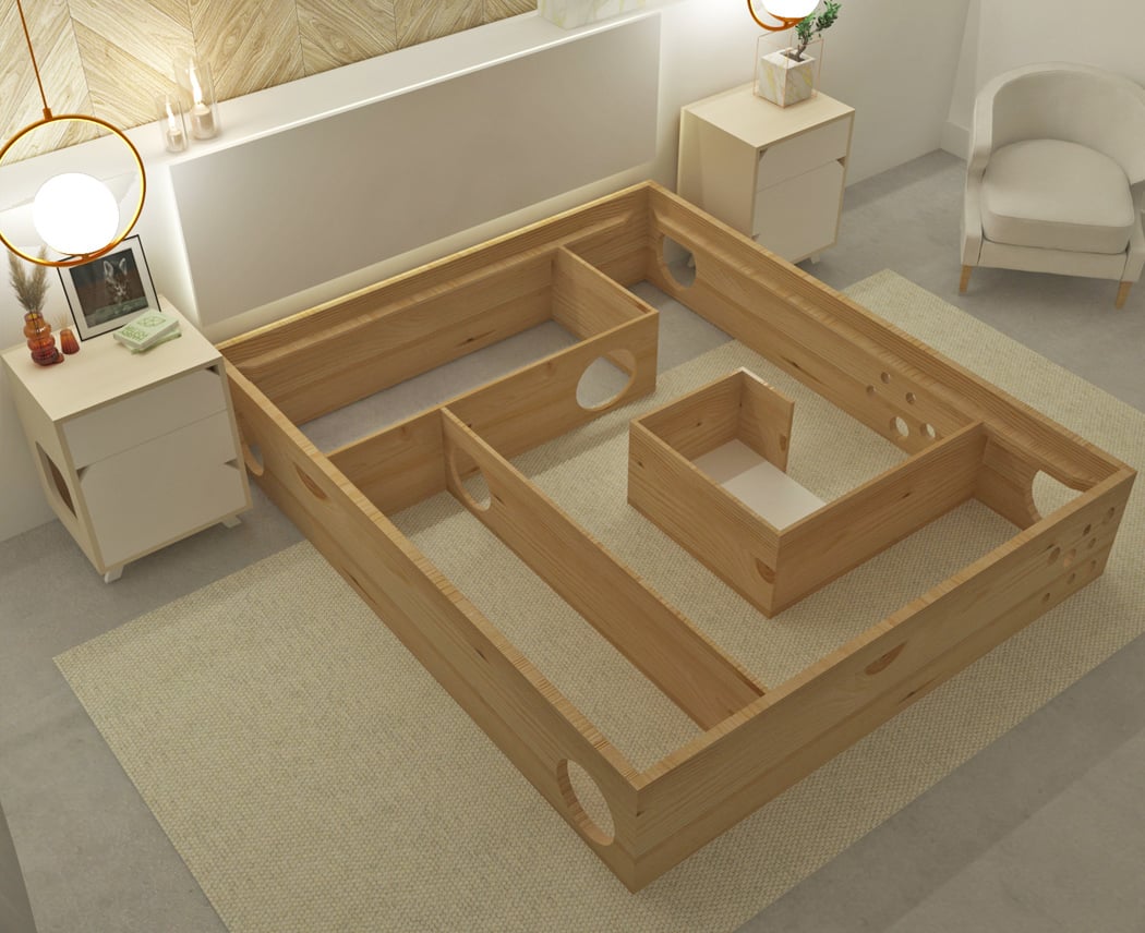 This bedframe hides a cat maze and is a dream den for you and your pet