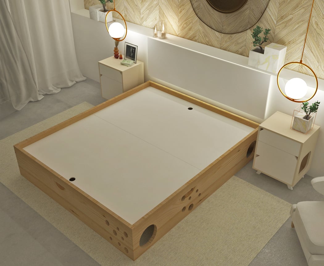 This bedframe hides a cat maze and is a dream den for you and your pet