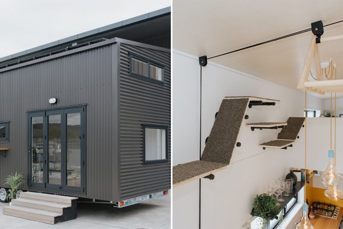 This cat-friendly tiny house is a double decker, solar-powered design that keeps you happily off-grid!