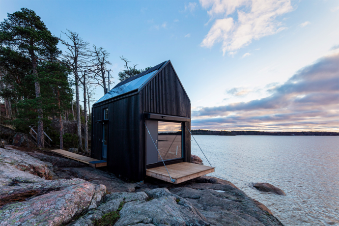 This entirely self-contained + portable prefabricated cabin uses green energy storage system to be an eco-cabin!
