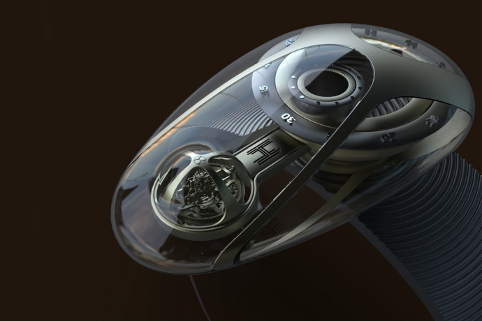 This sleek technical watch design defies traditional watch-making with an elliptic shape and transparent case!