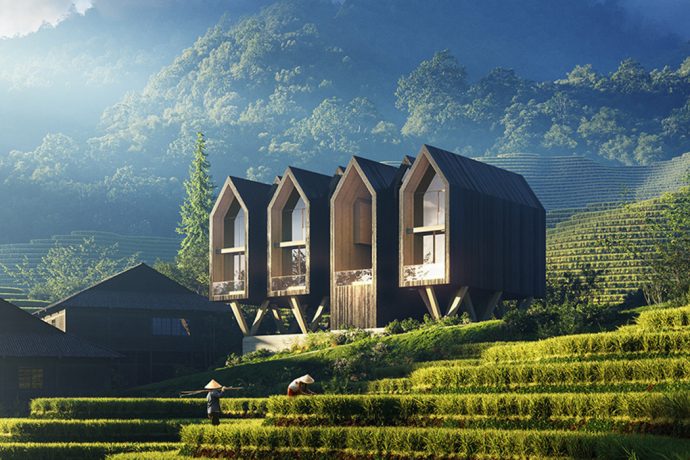 This architectural cabin design is nestled between terraced rice paddies for spectacular views