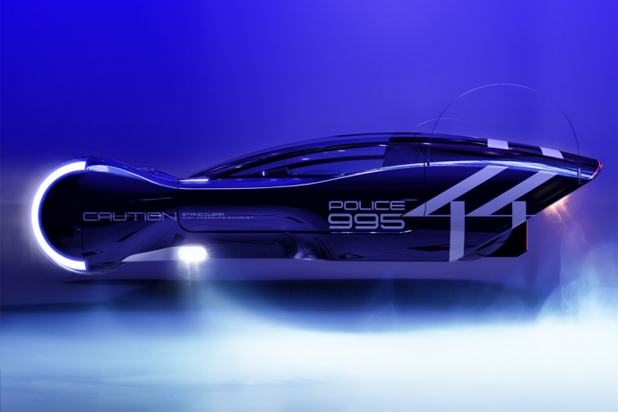 This Tesla Model M + Blade Runner mashup car hovers somewhere above Neo-futurism and lunarpunk!