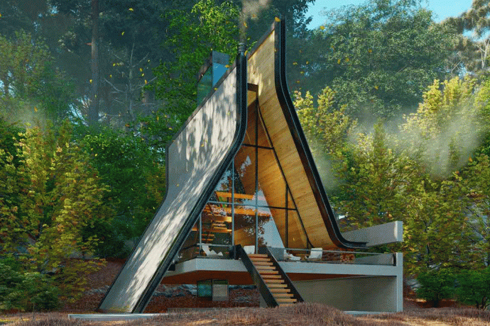 This cabin blends the traditional A-frame structure with contemporary architectural details!