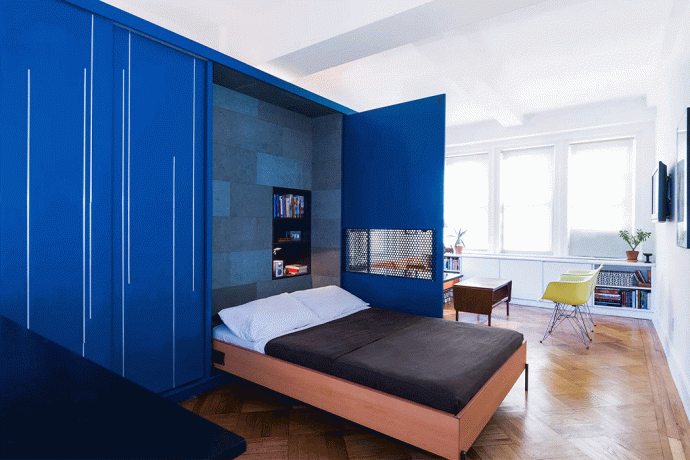 This foldable 400-square-foot micro-apartment can function as a bed, home office, closet, library & bar!
