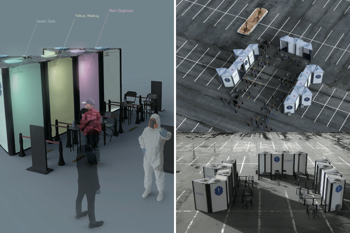 These modular covid-19 screening clinic designs implements neon color signals to maintain social distance!