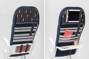 Innovative strap-system on the back of this airline seat makes it easy to store all your belongings