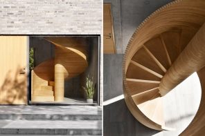 This concrete cubic home’s CNC cut plywood spiral staircase visible from the outside!