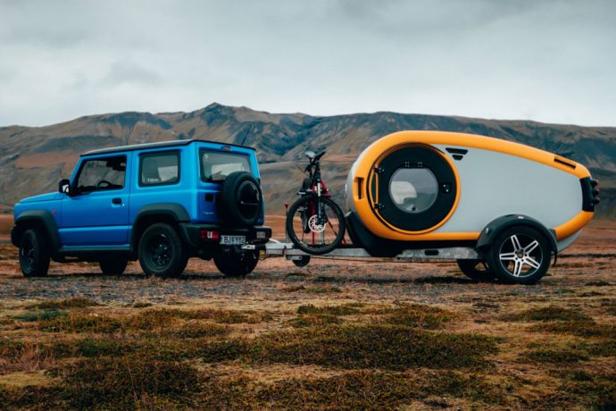 This compact yet spacious millennial-friendly teardrop trailer comes with a transparent, panoramic viewing roof!