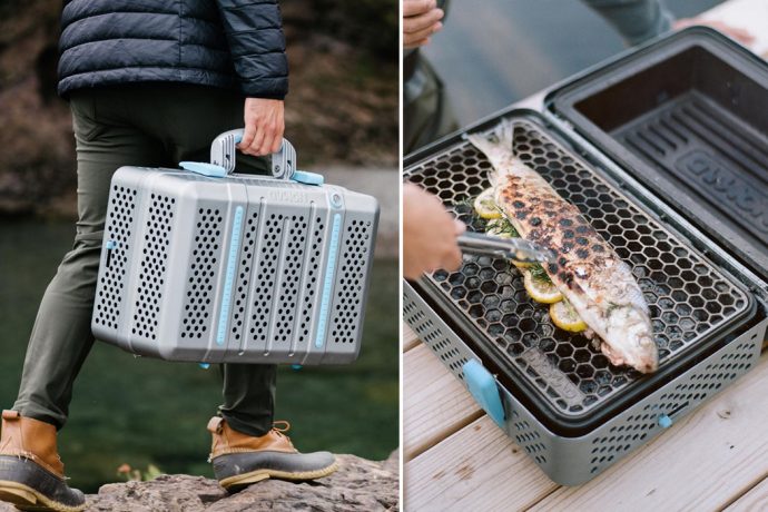 This portable BBQ grill + smoker with a honeycomb pattern folds like a briefcase for cooking anytime, anywhere!