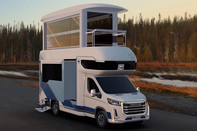 This double-decker camper’s expanding design has its own elevator, sunroom and even a balcony!
