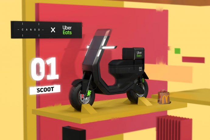 Canoo’s iconic headlights carry forward beautifully in this UberEats Delivery Scooter concept