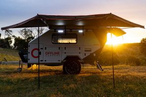 Domino off-road trailer transitions from travel to camp mode on the push of a button