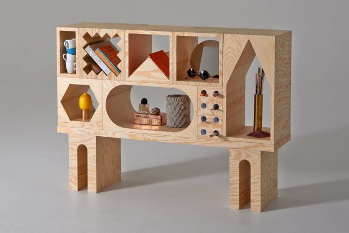 Playful modular cabinets that put a quirky spin on storage by using geometric shelves!
