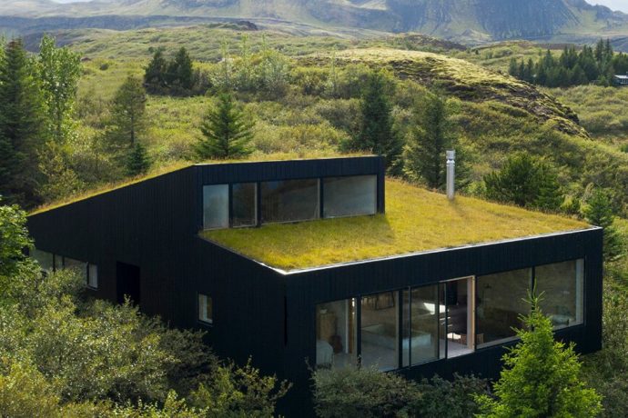 The green roof of this holiday home was designed to blend in seamlessly with its surroundings!
