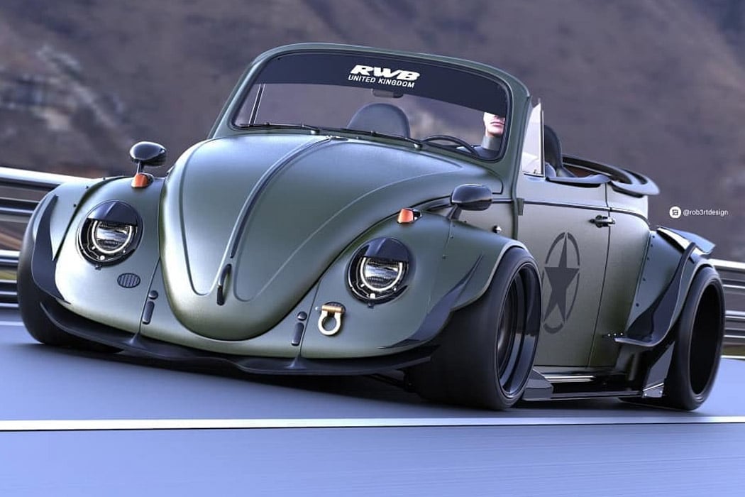 This low-slung Volkswagen Beetle roadster is an army-green, street drag