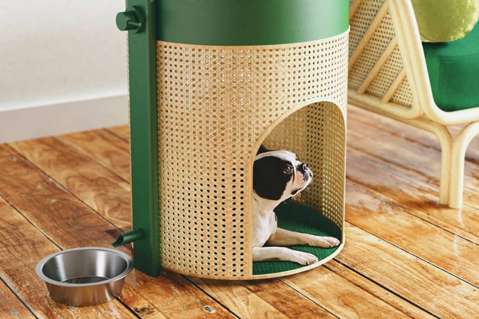 Furniture meets dog house with this rattan side table that repurposes excess plant water for your dog!