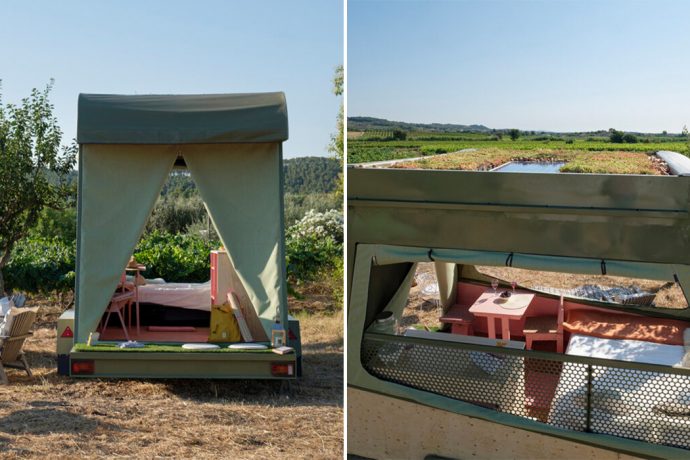 This sustainable RV features solar panels, rainwater harvesting systems, cork flooring & a green roof!