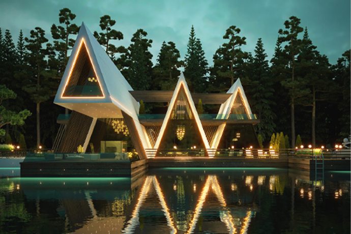 This triple A-frame cottage uses a cantilevered design to reinterpret traditional cabin architecture!