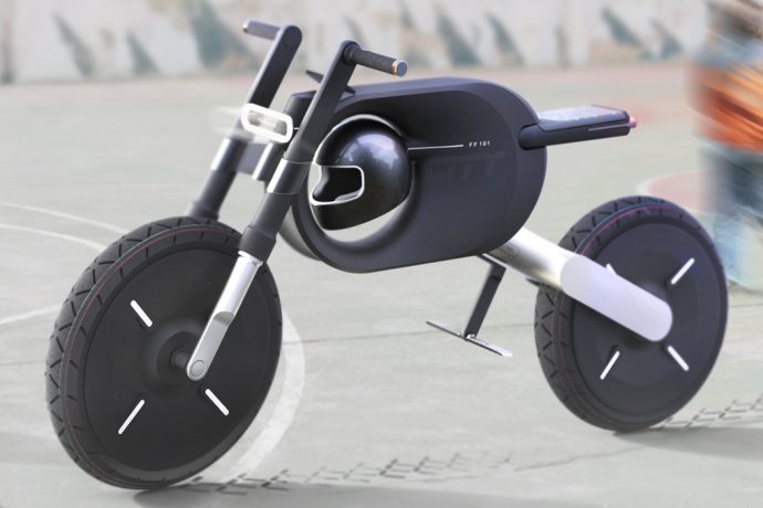 This geometric electric motorbike keeps your helmet snug right in the middle!