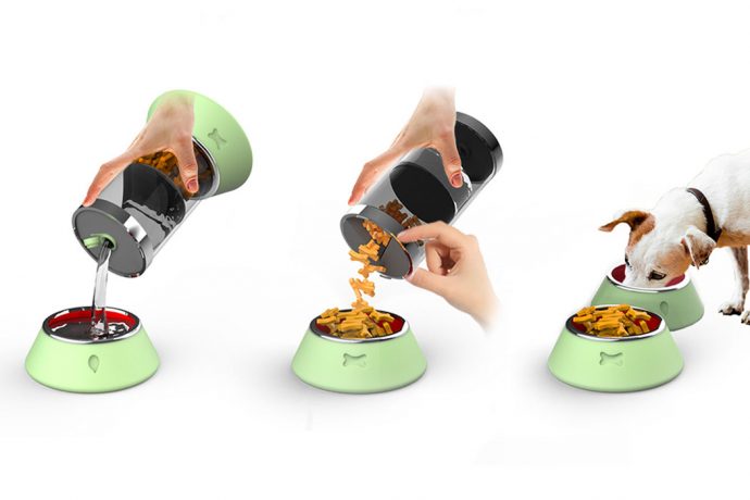 This portable food + water container with attached feeding bowls makes travels with your pet an ease!