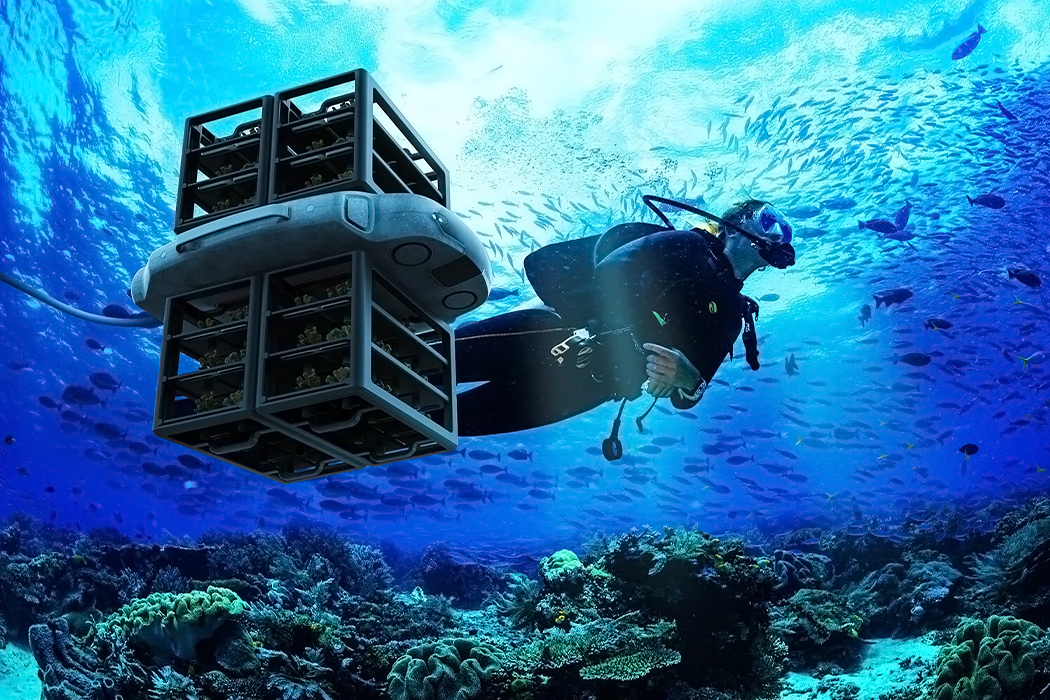 This drone + carrier monitors, protects, and restores reefs by planting 100 corals per day sustainably!