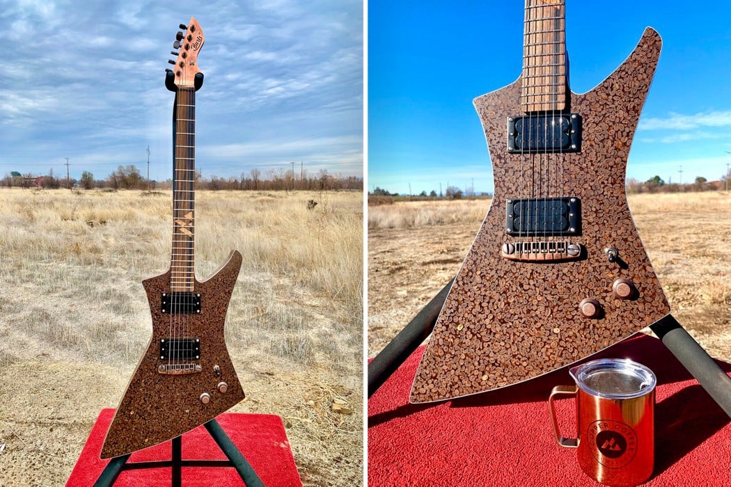 This electric guitar is made out of 5,000 coffee beans (And it smells like coffee too)