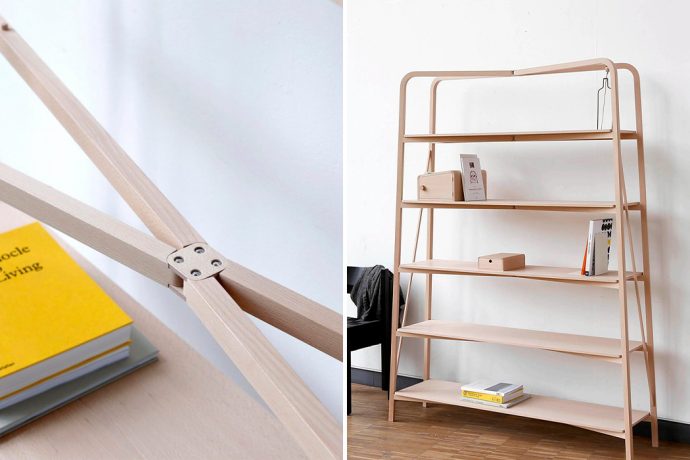 An innovative wooden hinge easily folds this multifunctional bookshelf in half!