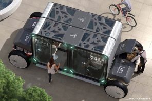 Self-sanitized autonomous pods combine public transit with safe socializing