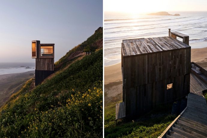 These two holiday cabins use four wooden pillars to give them support and reduce their carbon footprint!